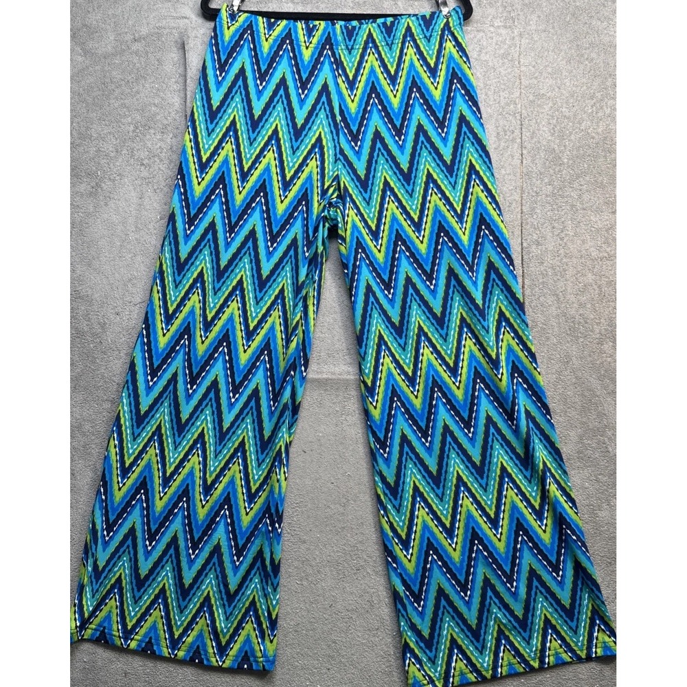 Wide Leg Chevron Print Pants Blue Green Boho Stretch Pull‎ On Women's Medium